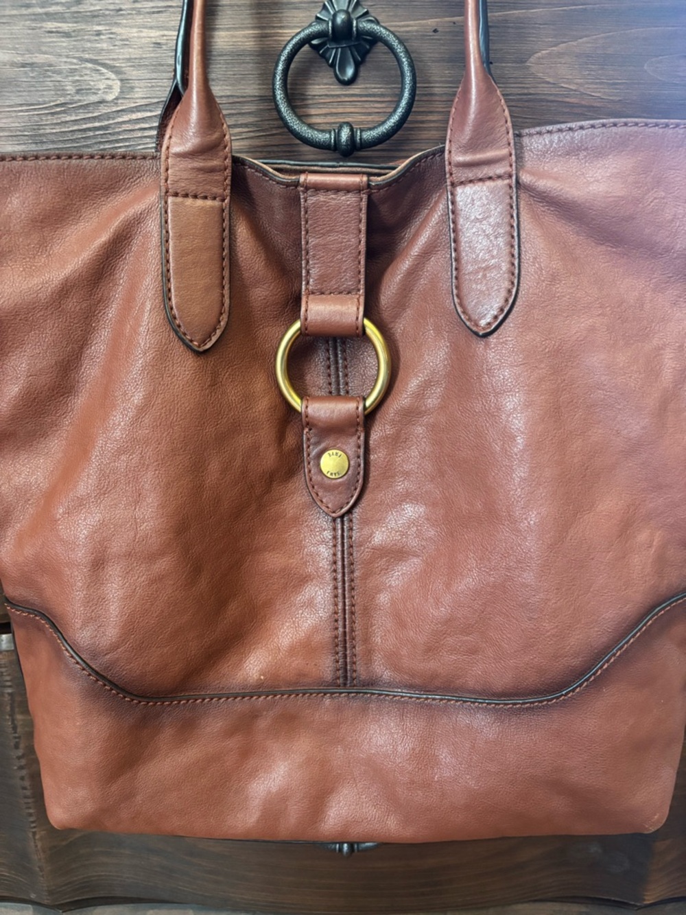 Frye Leather Ring Tote Bag Purse, Cognac, Genuine Leather - Picture 10 of 14